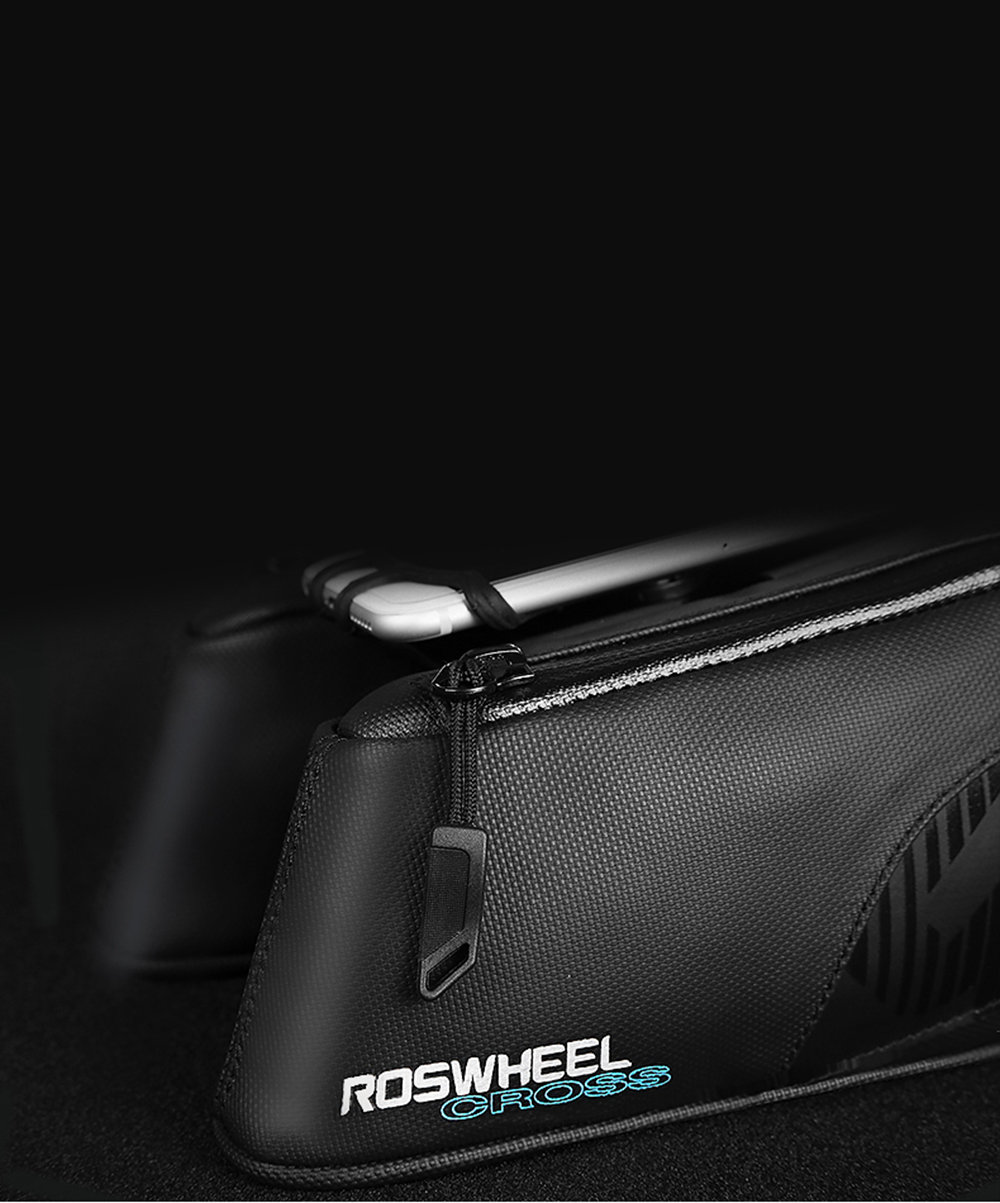 Roswheel 121453 Cycling Equipment Bicycle Front Tube Double Pouch Bike Phone Bag 180 Degree Rotation 1680D Tear Resistant Nylon - Black