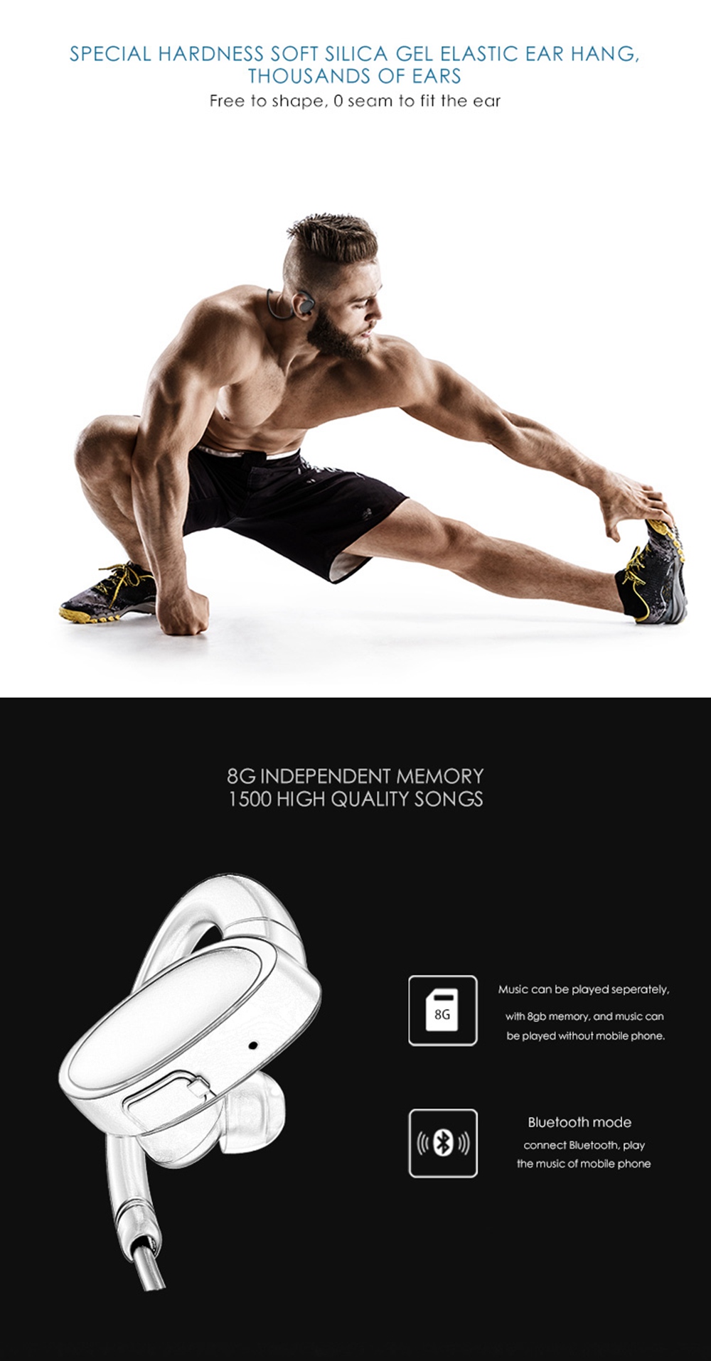 OVEVO X9 Bluetooth 4.2 Earphone HiFi Fish Bionic Swimming Sport Wirless Stereo 8G MP3 Earphones with Mic - Black