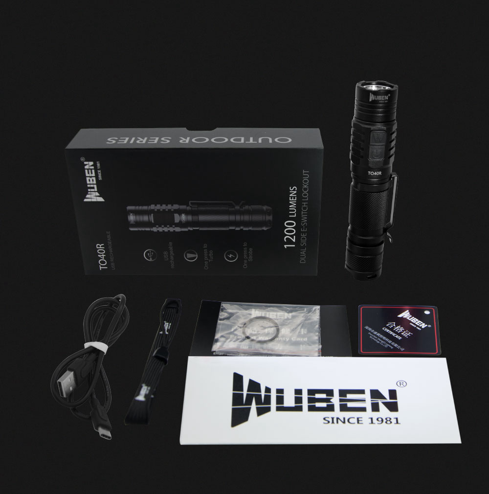 Wuben TO40R Torch Outdoor Camping LED Torch 1200 Lumens Hand Lamp IPX8 Waterproof Battery USB Rechargeable Long Lasting - Black