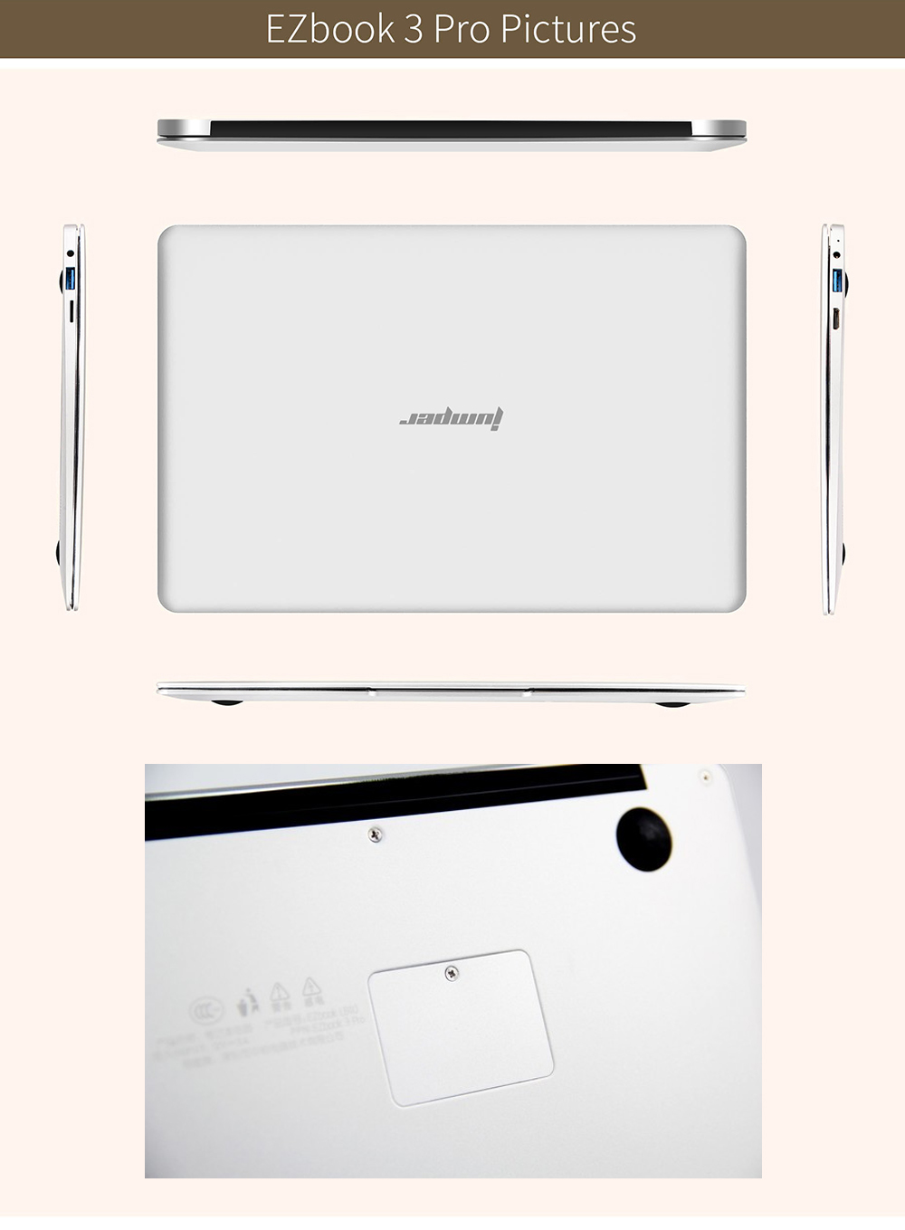 Jumper EZbook 3 Pro 13.3 Inch Laptop Intel Apollo Lake N3450 Quad Core Support M.2 SSD 2.2GHz 6GB DDR3 64GB eMMC Windows 10 Home OS 1080P FHD IPS Display - Gold