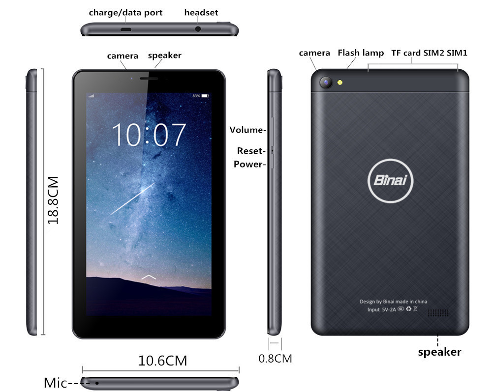 Binai V7S 3G Phablet MTK8321 Quad Core 7" IPS 1024*600 1GB RAM 16GB ROM Android 8.1 Built-in GPS Dual SIM Dual Standby - Black