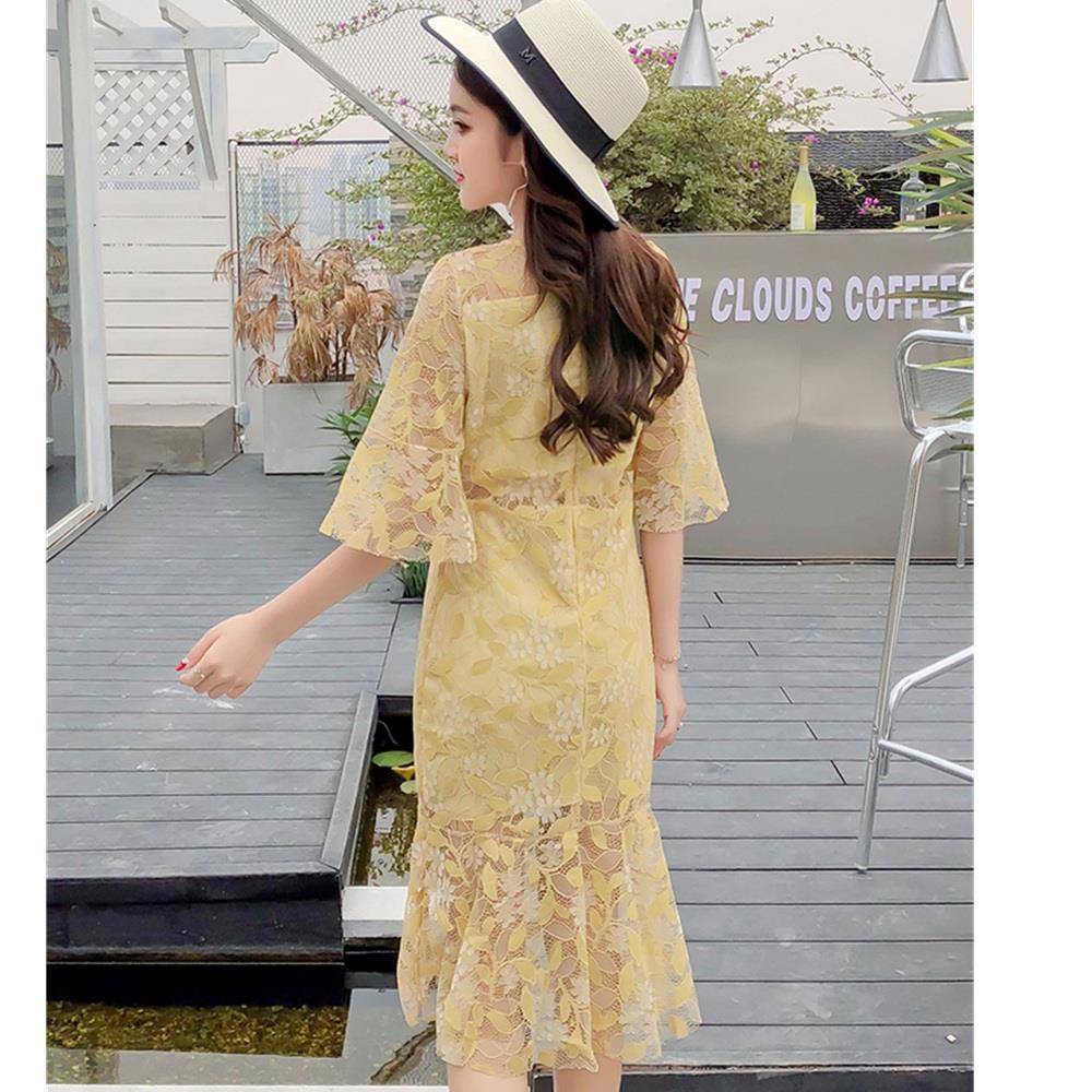 Women sexy Flare Sleeves Lace Sweet Bodycon Club Party Cocktail Dress Fishtail Skirt Size XL - Yellow