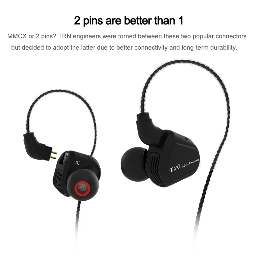 TRN V20 In-ear DD+BA Hybrid HIFI 2Pin Earphone with Microphone Line Control - Red
