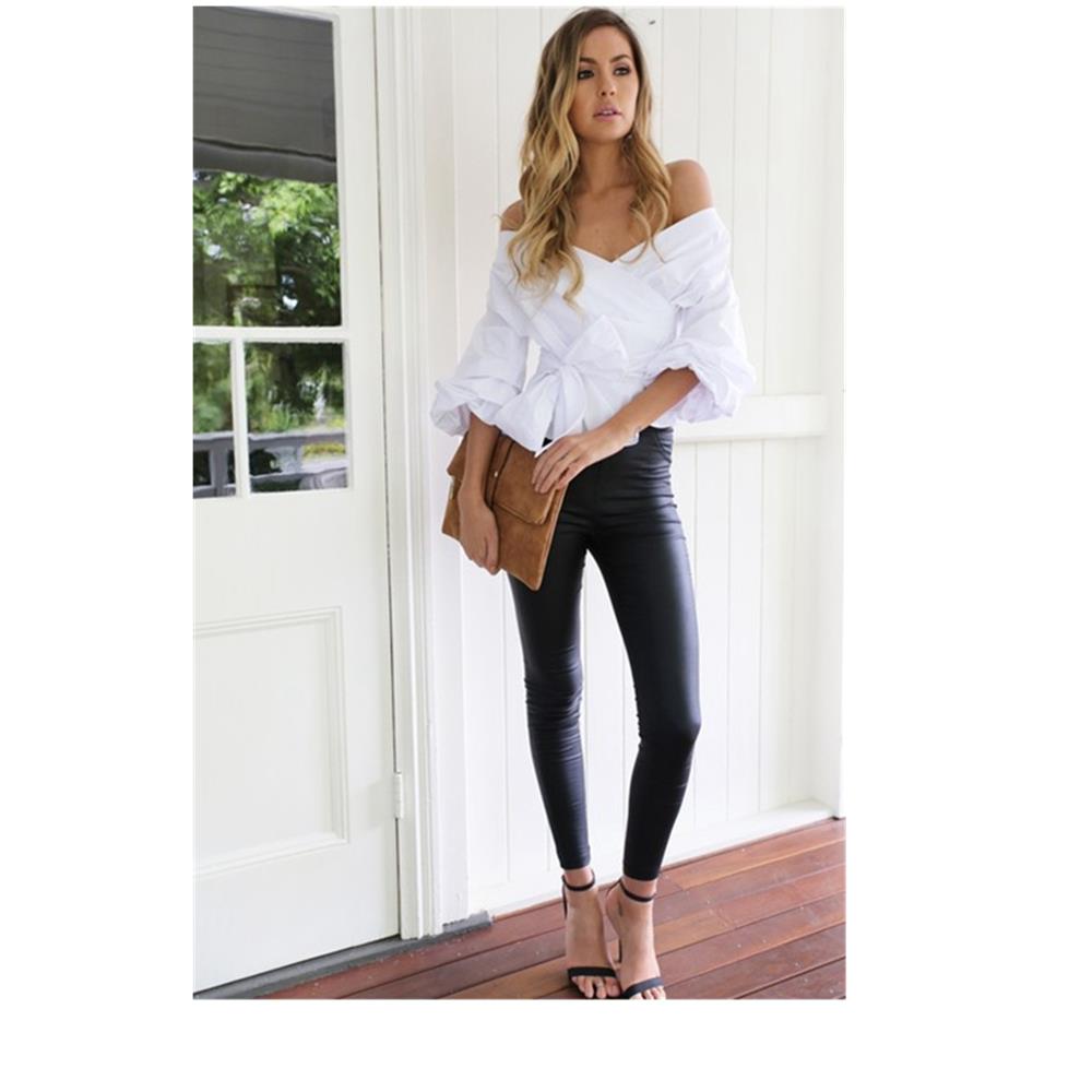Women Sexy Strapless V-neck Cross Straps Blouse Shirt Women Summer Autumn Clothing Size XL - White