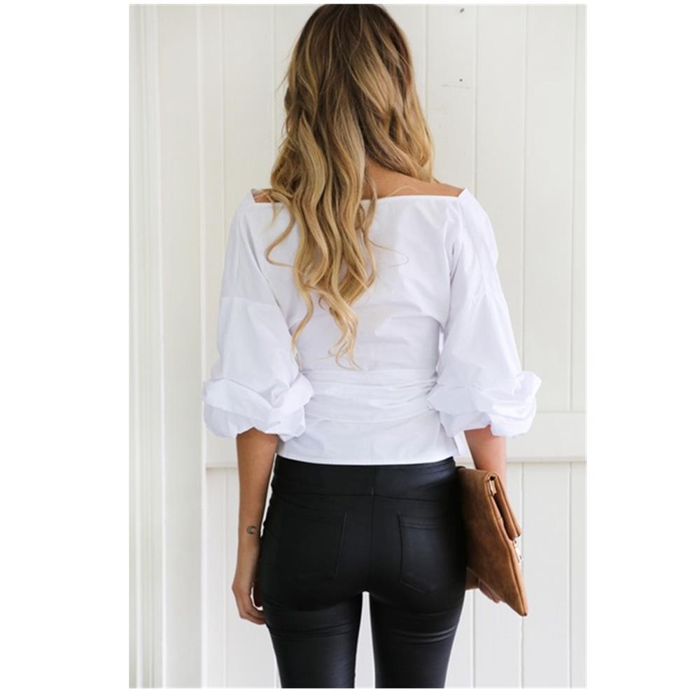 Women Sexy Strapless V-neck Cross Straps Blouse Shirt Women Summer Autumn Clothing Size M - White