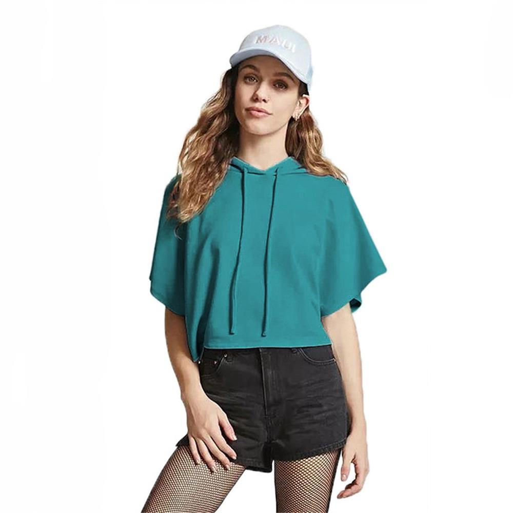 Girl Summer T-shirt Short Sleeve Sexy Hat Short Top Hoodies Size M - Lake Blue