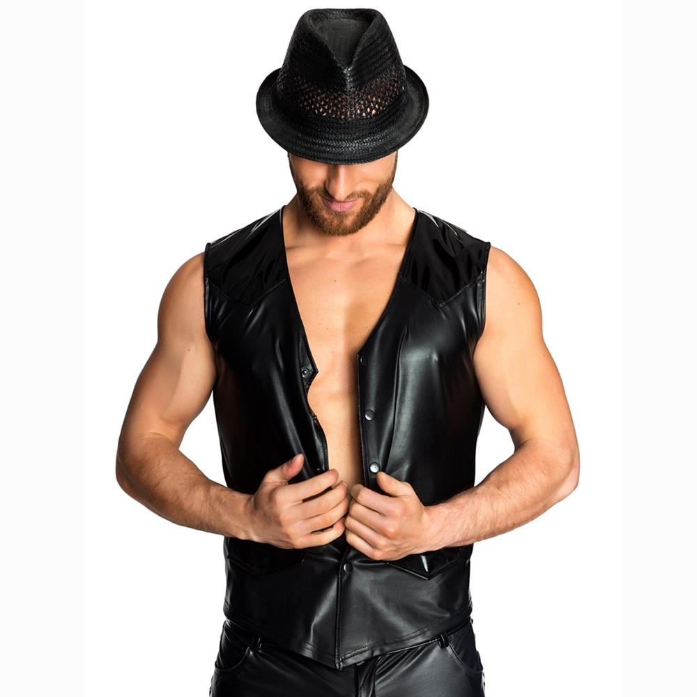 Men's Sexy Faux PU Leather Vest Underwear Nightclub Size L - Black