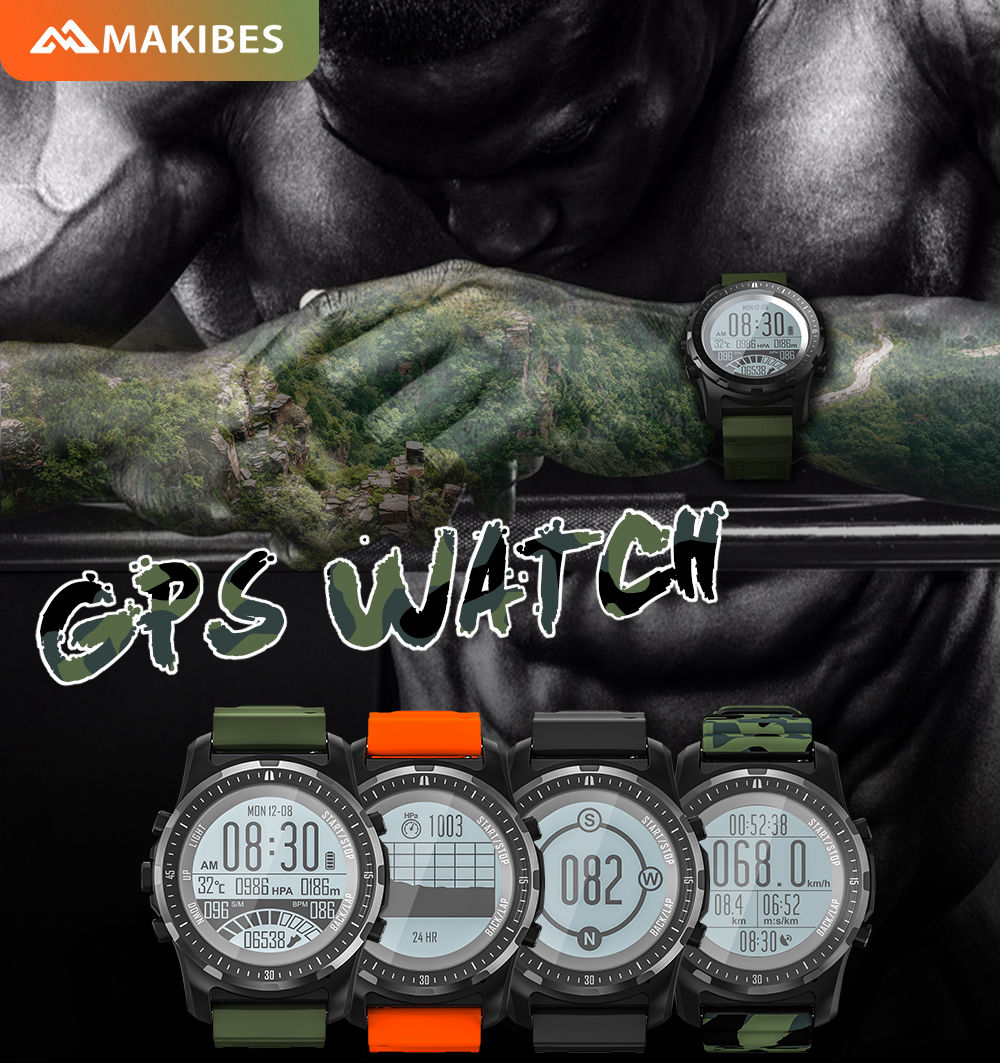 Makibes BR2 Smartwatch 1.32" Outdoor Screen Built-in GPS GLONASS Beidou Hiking Heart Rate Monitor Multi-sport fitness Tracker - Black