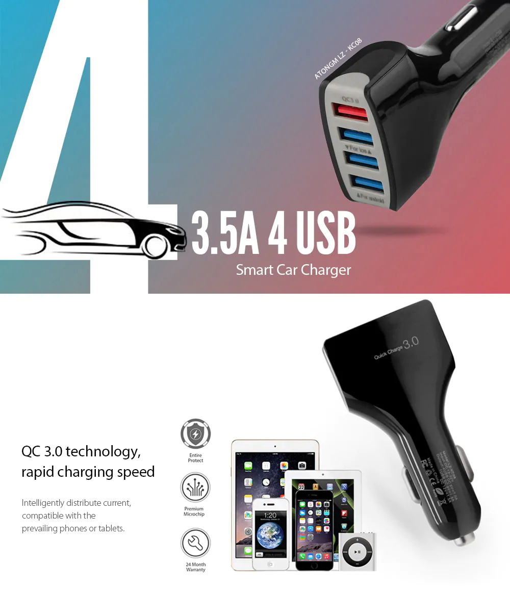 Atongm LZ-KC08 QC3.0 Car Charger 4 USB Ports Built-in Intelligent Chip For Iphone / Samsung / Xiaomi / Huawei / Tablets - Black
