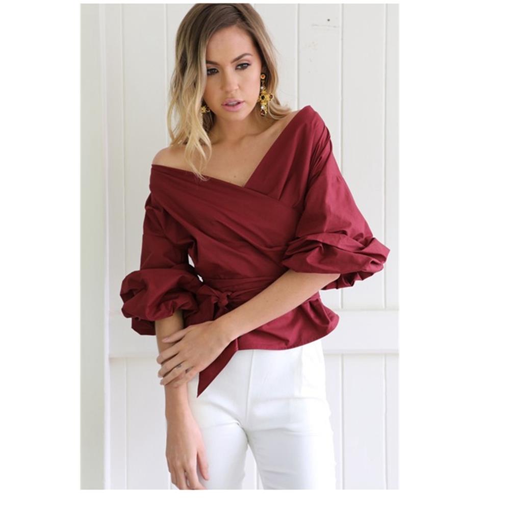 Women Sexy Strapless V-neck Cross Straps Blouse Shirt Women Summer Autumn Clothing Size S - Burgundy Red