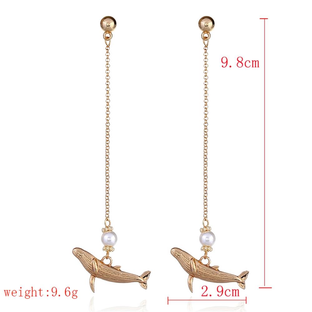 Women's Fashion Beautiful Stylish Jewelry Earrings Simple Long Thin Chain Pearl Dolphin Pendant Earrings Set - Gold