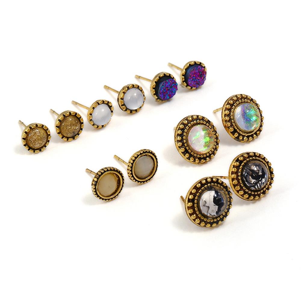 Women's Fashion Beautiful Stylish Jewelry Earrings Retro Minimalist Studded Opal Earrings Set - Gold