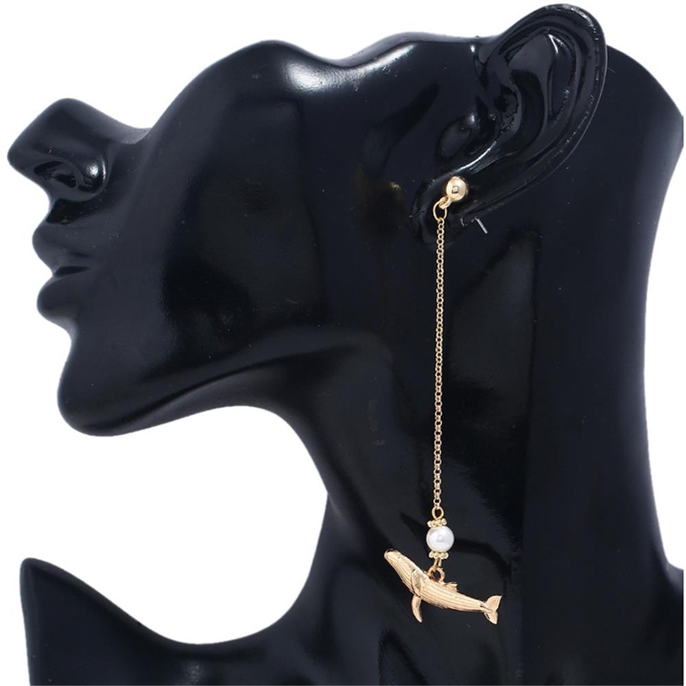 Women's Fashion Beautiful Stylish Jewelry Earrings Simple Long Thin Chain Pearl Dolphin Pendant Earrings Set - Gold