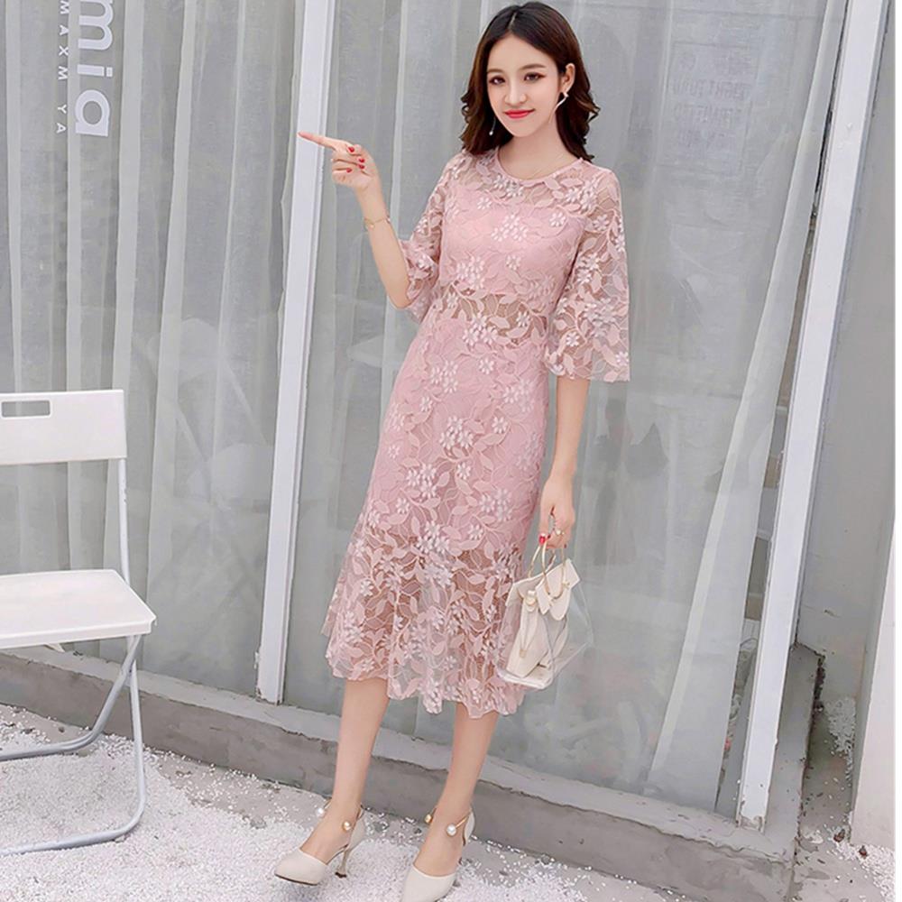 Women sexy Flare Sleeves Lace Sweet Bodycon Club Party Cocktail Dress Fishtail Skirt Size XL - Pink