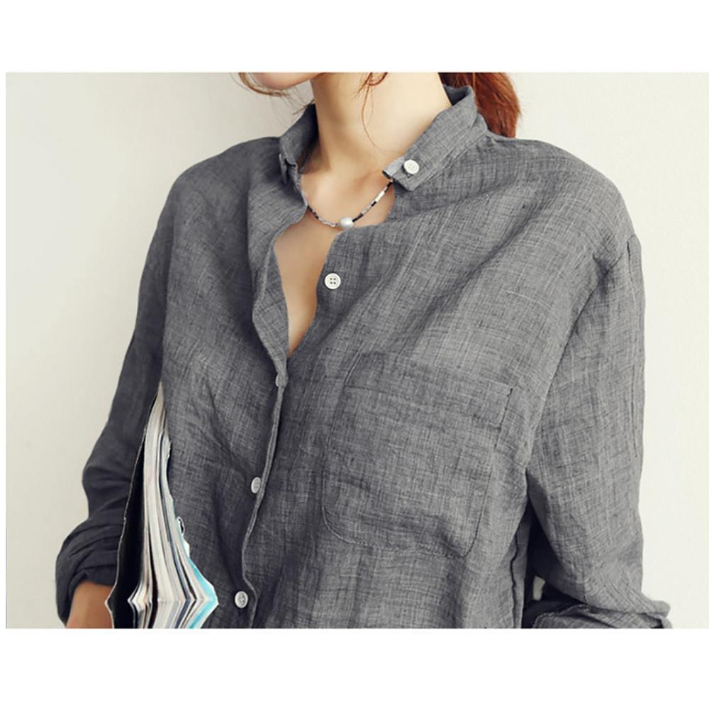 New Fashion Women Cotton Long Sleeved Solid Casual Loose Shirt Size M - Gray