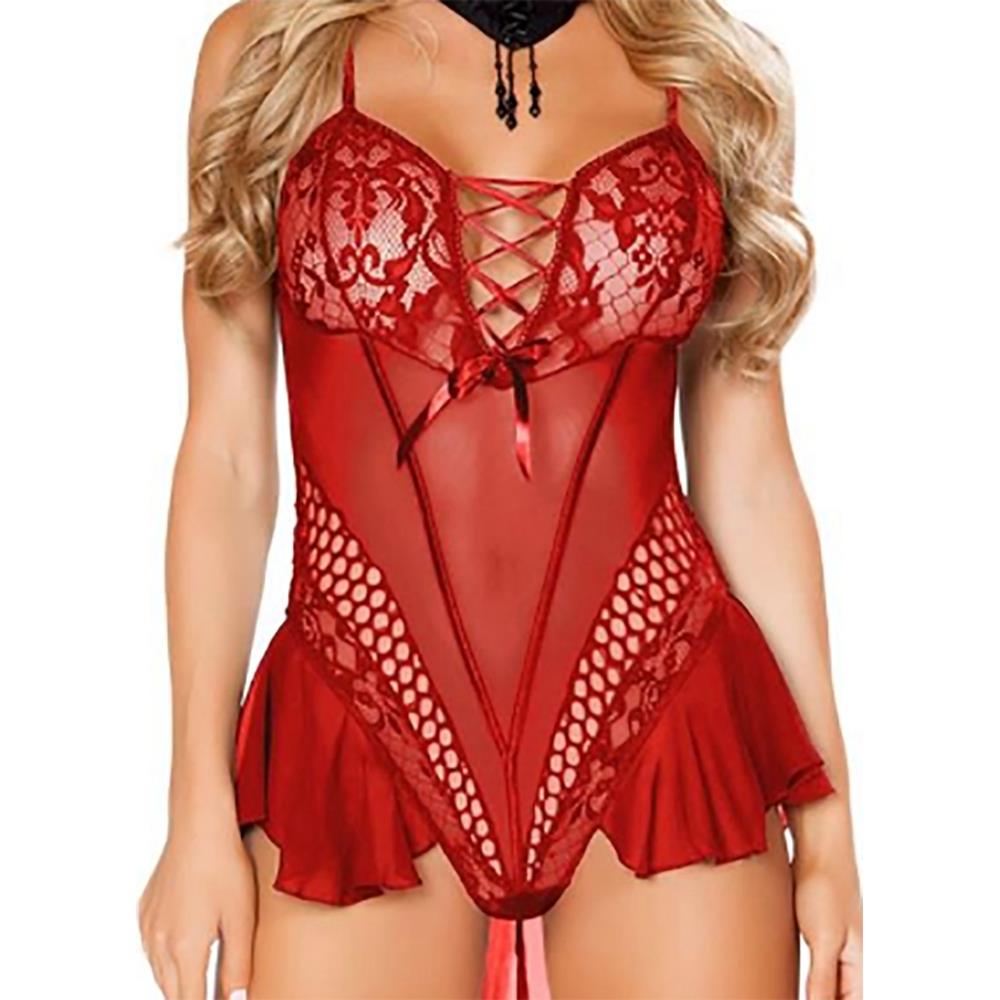 Women Sexy Fashion Lingerie Sexy Underwear Pajamas Pleated Skirt Lace Nightdress Size M-Red