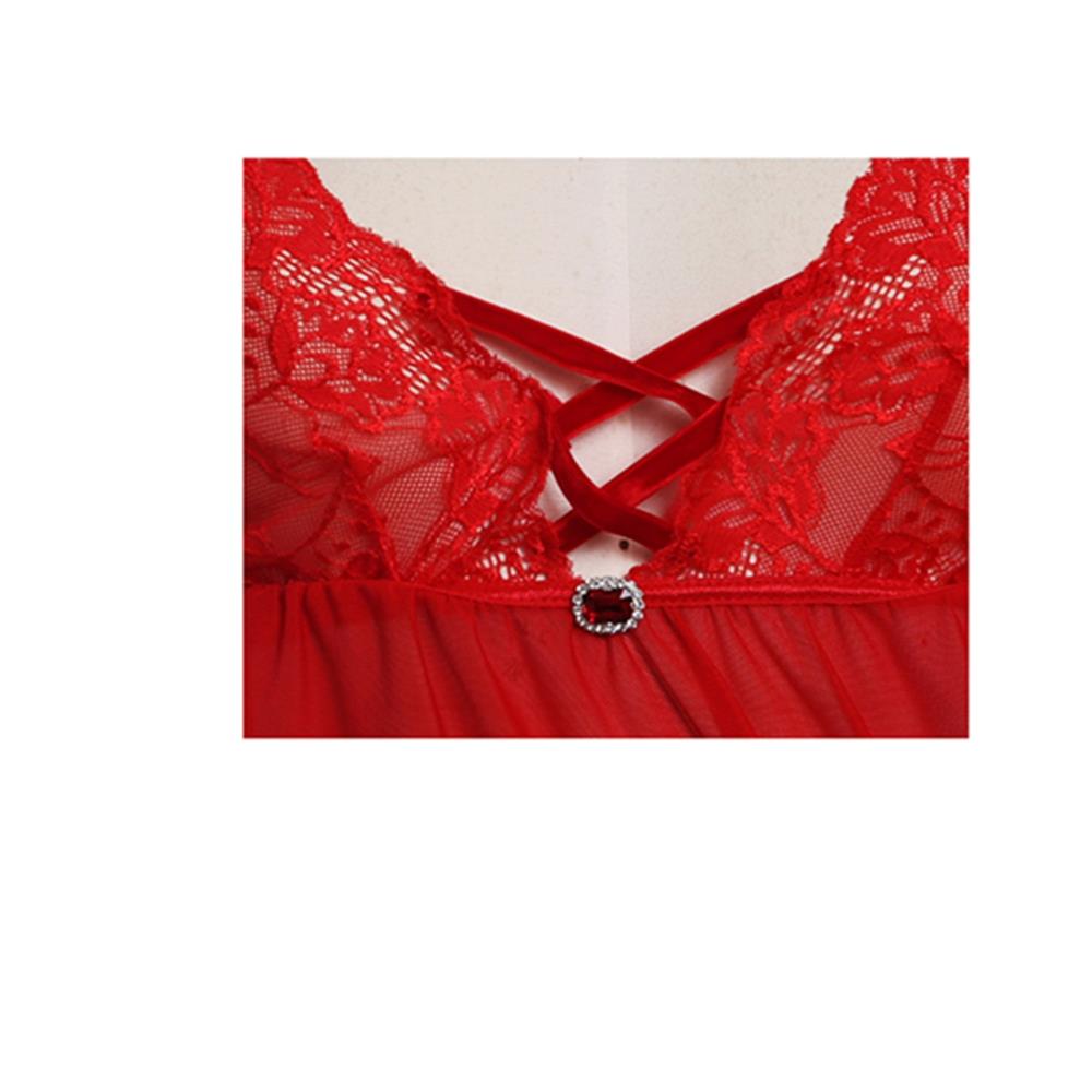 Valentine Sexy Lace Mesh Babydoll Lingerie Set Size S - Red