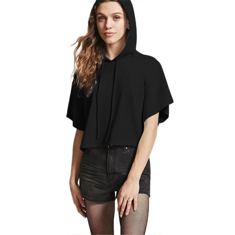 Girl Summer T-shirt Short Sleeve Sexy Hat Short Top Hoodies Size M - Black