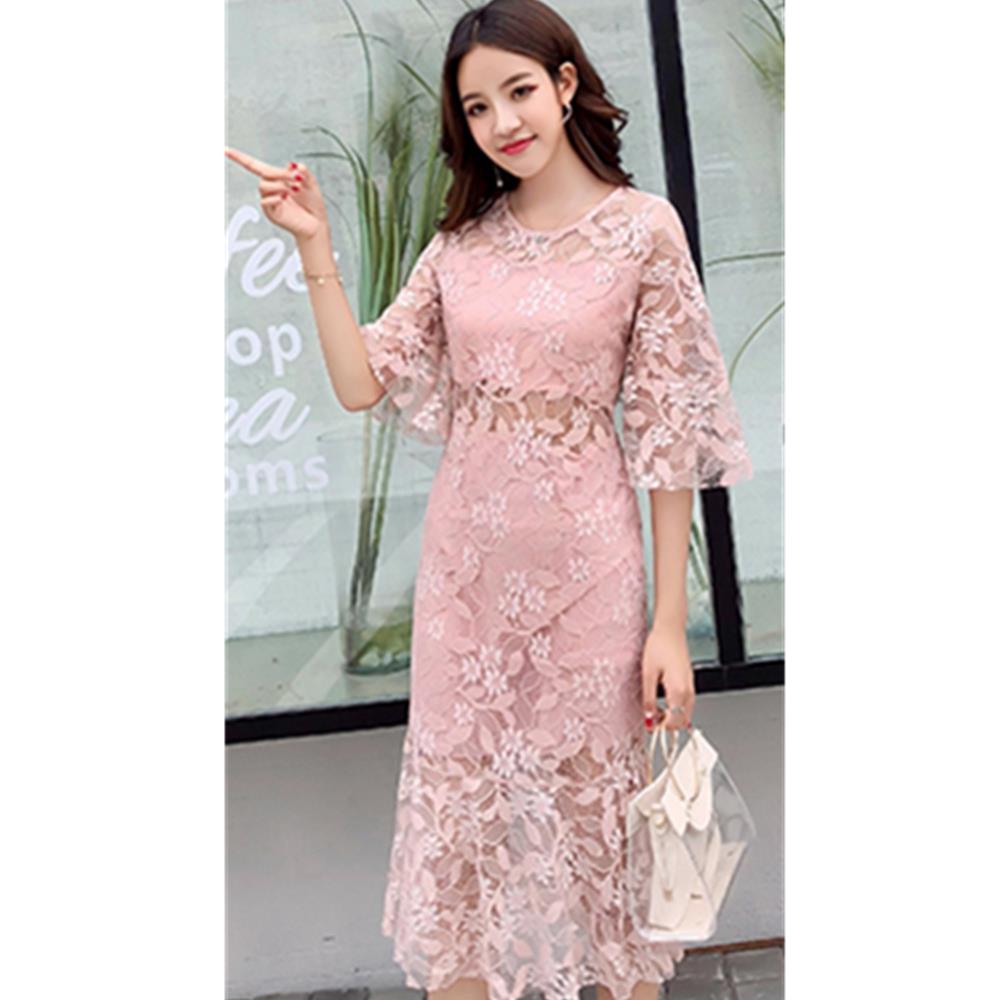 Women sexy Flare Sleeves Lace Sweet Bodycon Club Party Cocktail Dress Fishtail Skirt Size XL - Pink