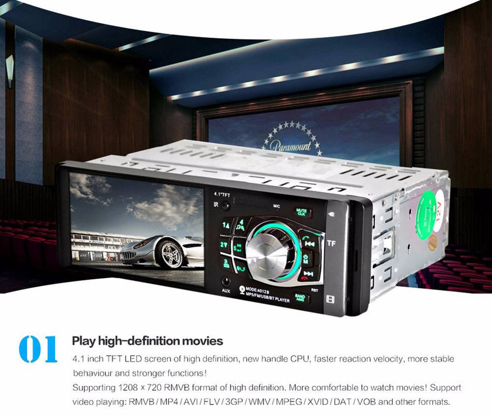 4012 4.1 Inch Digital TFT Touch Screen Car MP5 Audio Video Player Bluetooth 2.0 1080P Video Format - Black