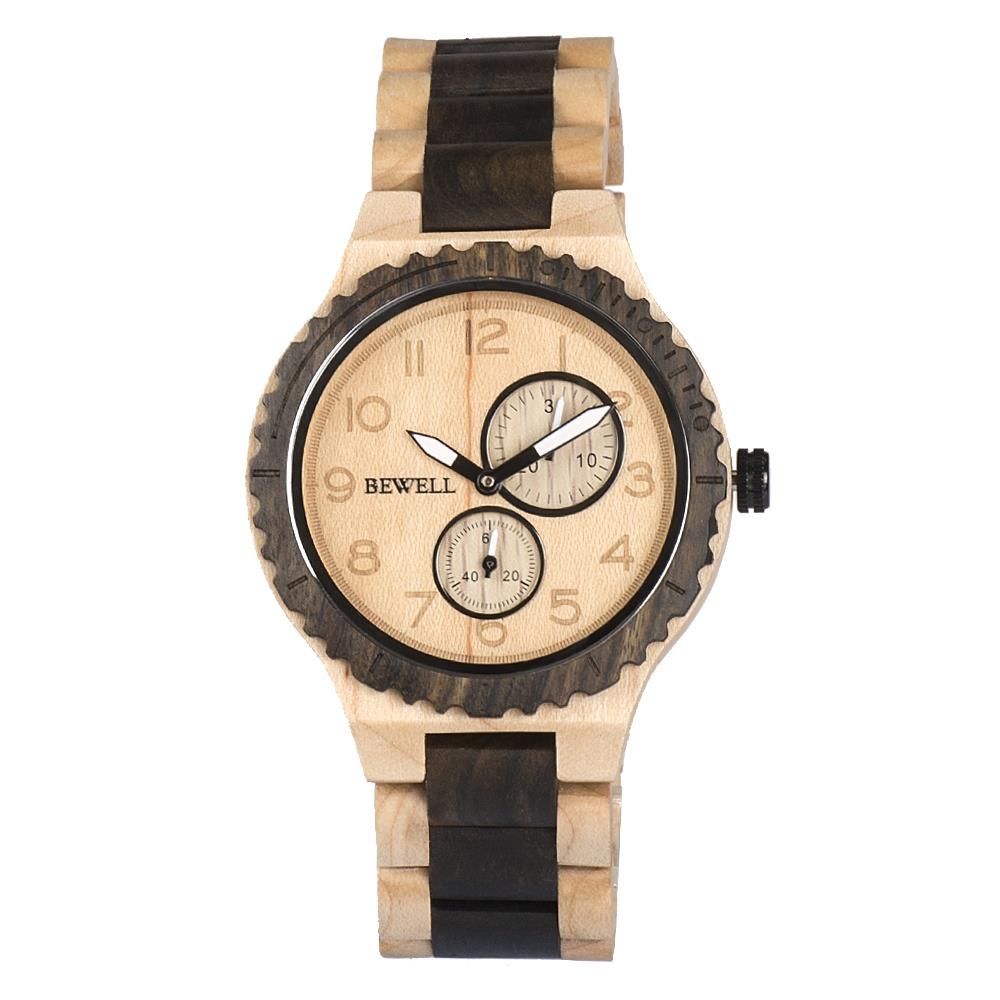 BEWELL Maple And Ebony Vintage Quartz Yellow Watch Leather Band Dial Plate Wristwatch Men Women