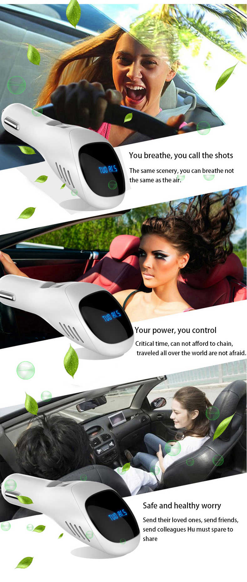 S90B Car Anion Air Purifier Dual USB Ports Car Charger LCD Real-time Voltage Screen Cleaner Ionizer Improve The Air Quality - White