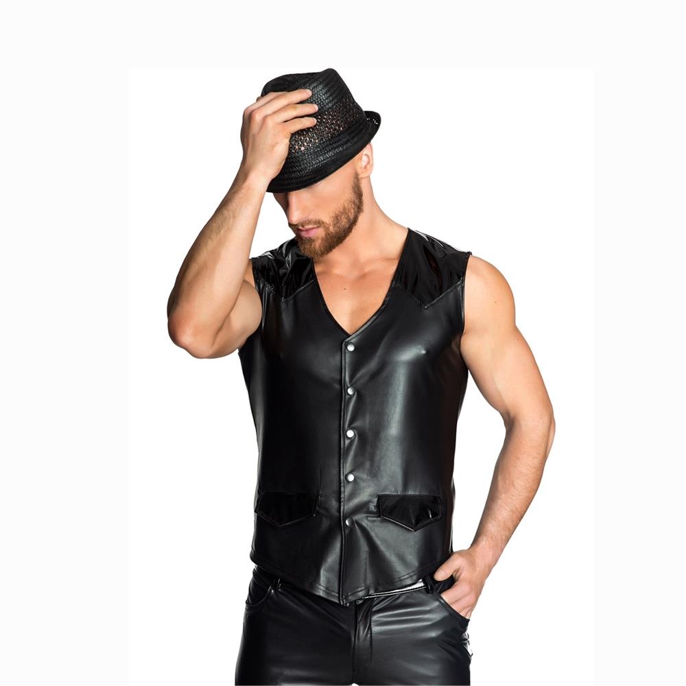 Men's Sexy Faux PU Leather Vest Underwear Nightclub Size XL - Black