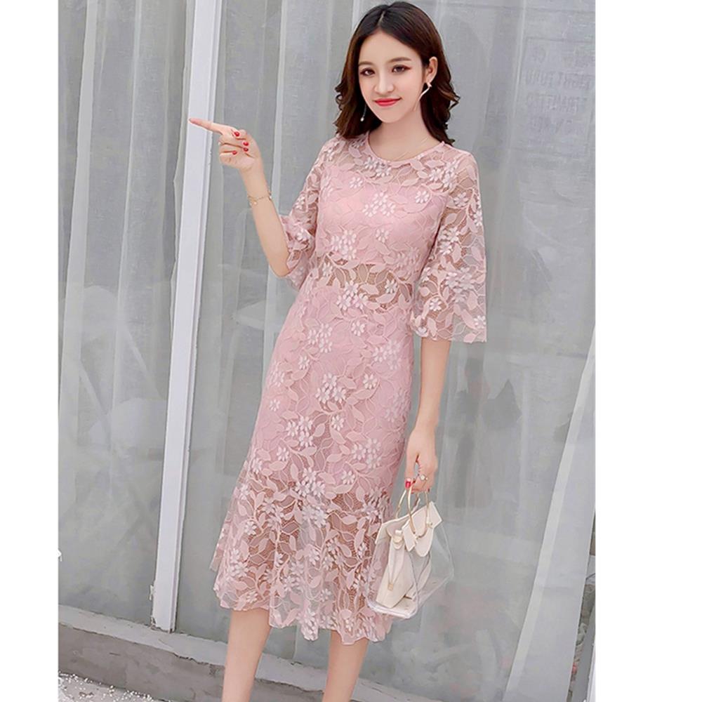 Women sexy Flare Sleeves Lace Sweet Bodycon Club Party Cocktail Dress Fishtail Skirt Size XL - Pink