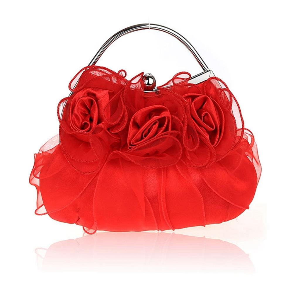 Womens Satin Lace Clutch Bag Evening Bridal Bag Wedding Fashion Prom Handbag M53T - Red