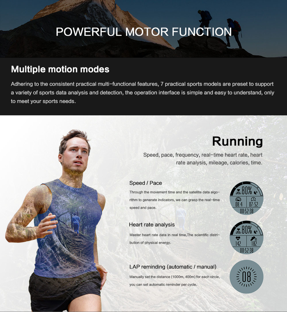Makibes BR2 Smartwatch 1.32" Outdoor Screen Built-in GPS GLONASS Beidou Hiking Heart Rate Monitor Multi-sport fitness Tracker - Black