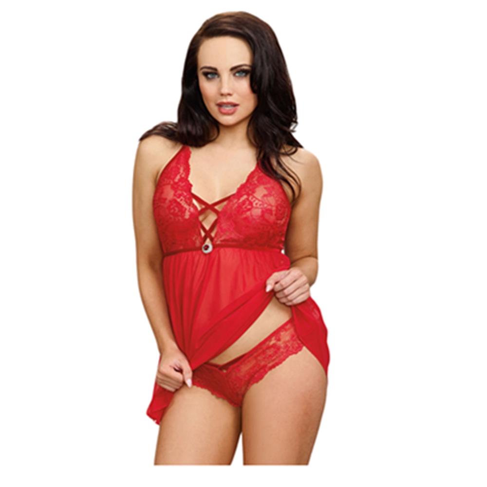 Valentine Sexy Lace Mesh Babydoll Lingerie Set Size S - Red