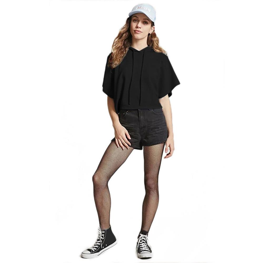 Girl Summer T-shirt Short Sleeve Sexy Hat Short Top Hoodies Size M - Black
