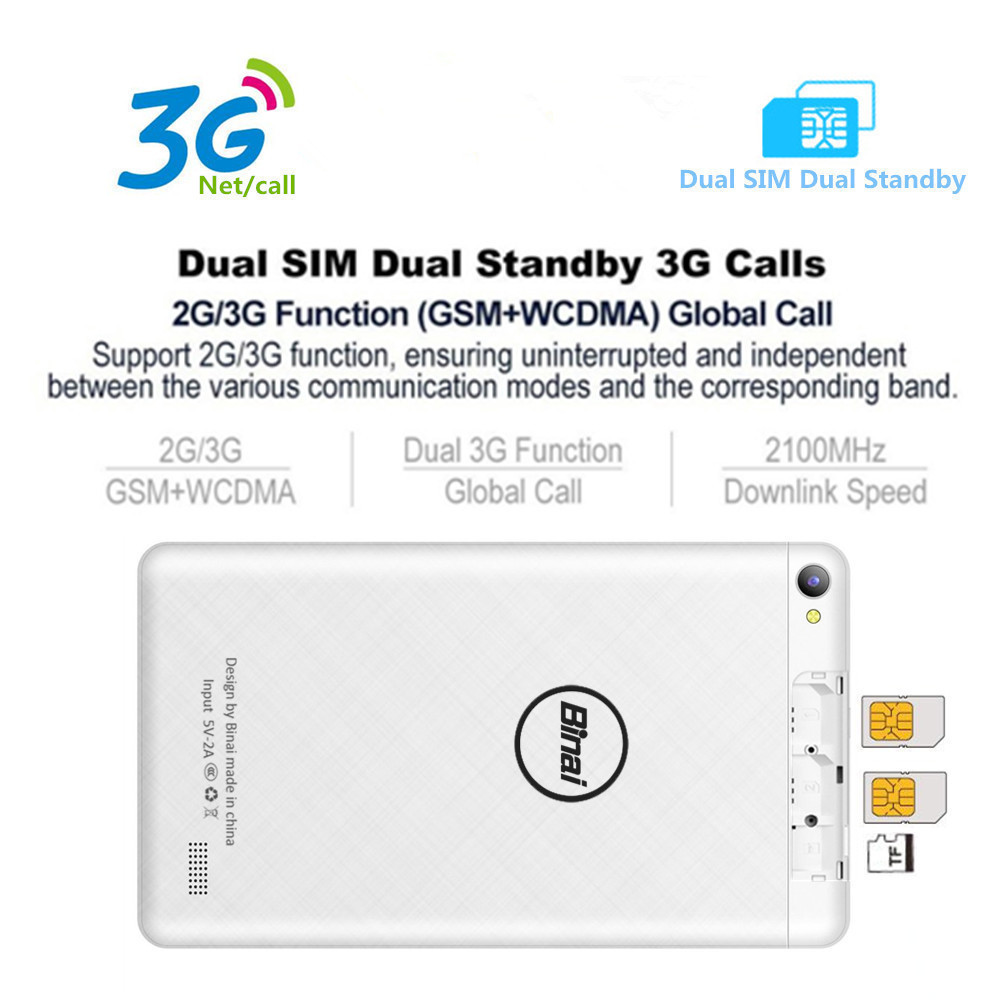 Binai V7S 3G Phablet MTK8321 Quad Core 7" IPS 1024*600 1GB RAM 16GB ROM Android 8.1 Built-in GPS Dual SIM Dual Standby - Black