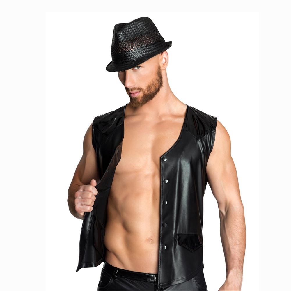 Men's Sexy Faux PU Leather Vest Underwear Nightclub Size XL - Black