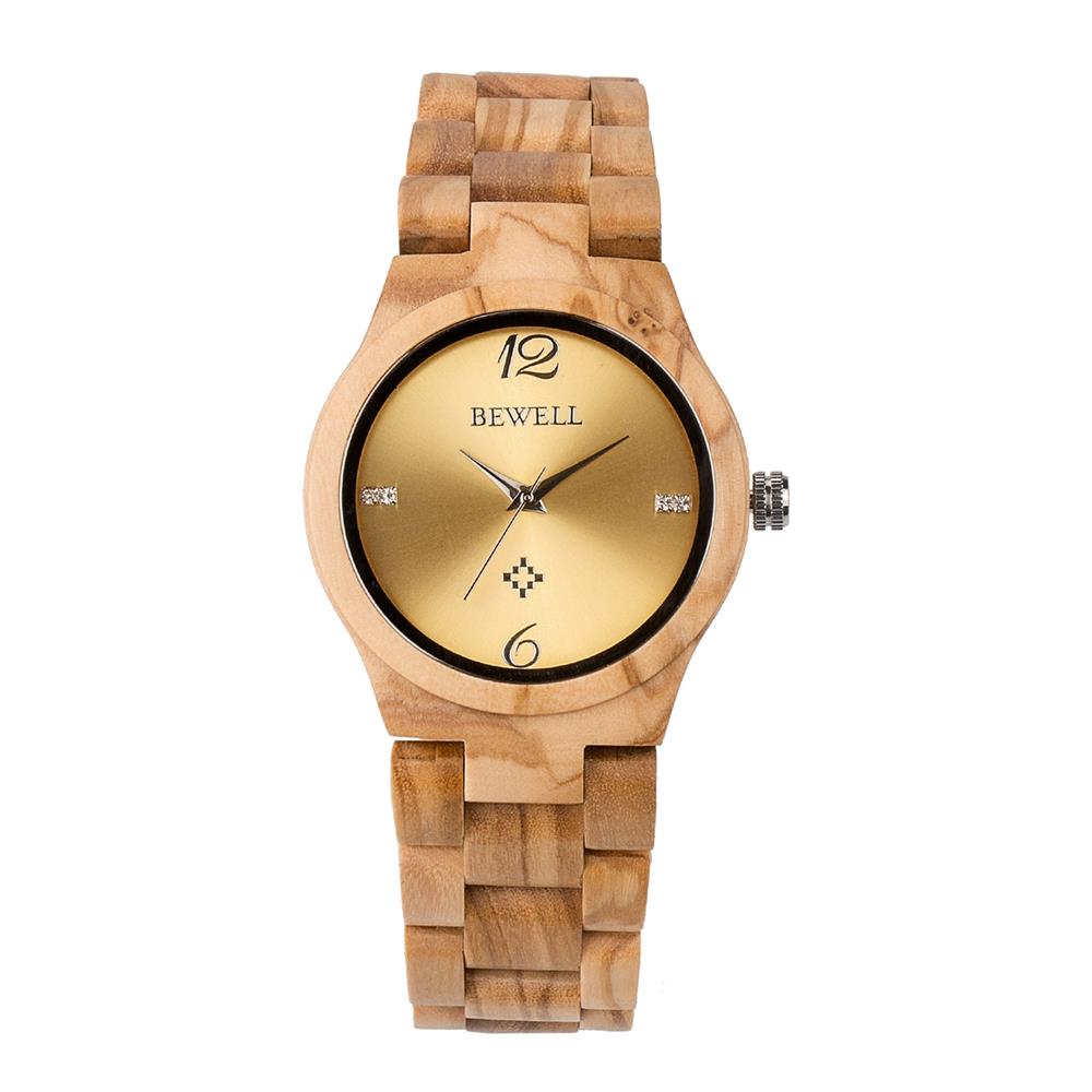 BEWELL Olive Wood Vintage Quartz Watch Leather Band Dial Plate Wristwatch Women - Yellow