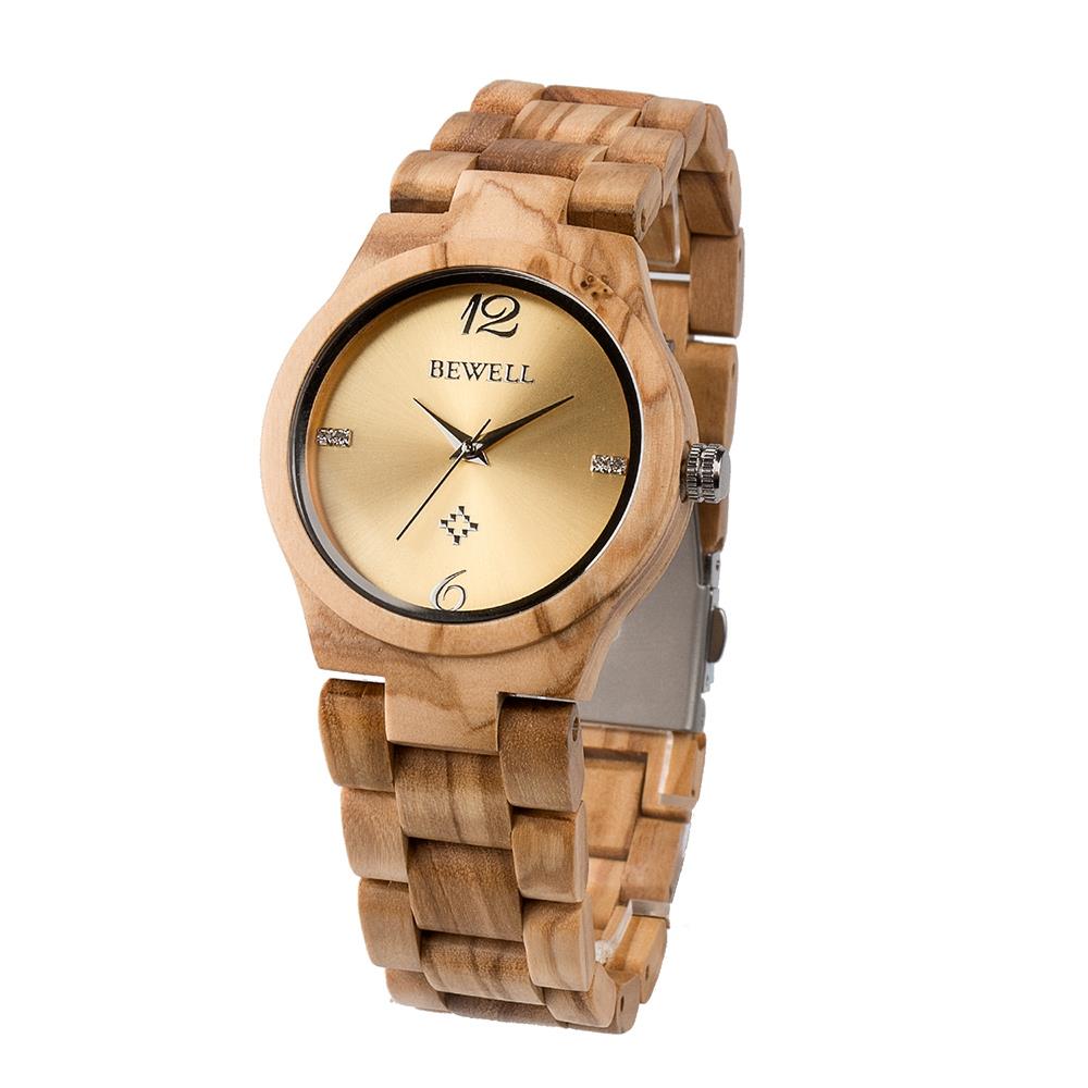 BEWELL Olive Wood Vintage Quartz Watch Leather Band Dial Plate Wristwatch Women - Yellow