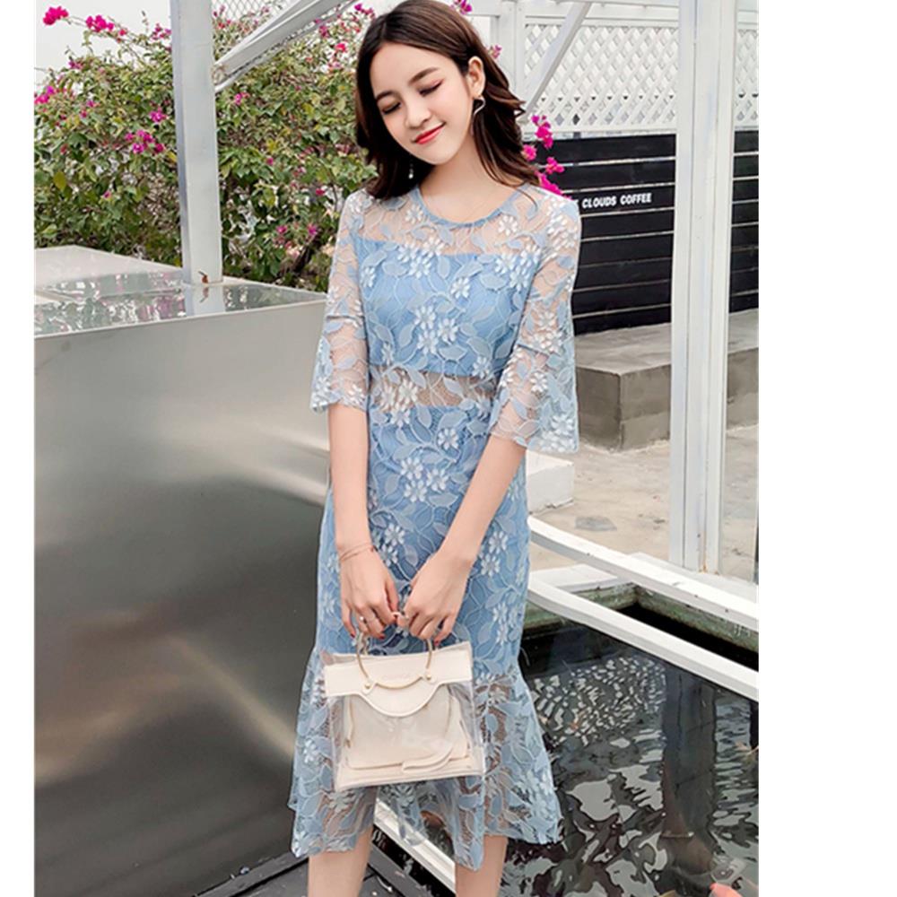 Women sexy Flare Sleeves Lace Sweet Bodycon Club Party Cocktail Dress Fishtail Skirt Size L - Blue+Gray