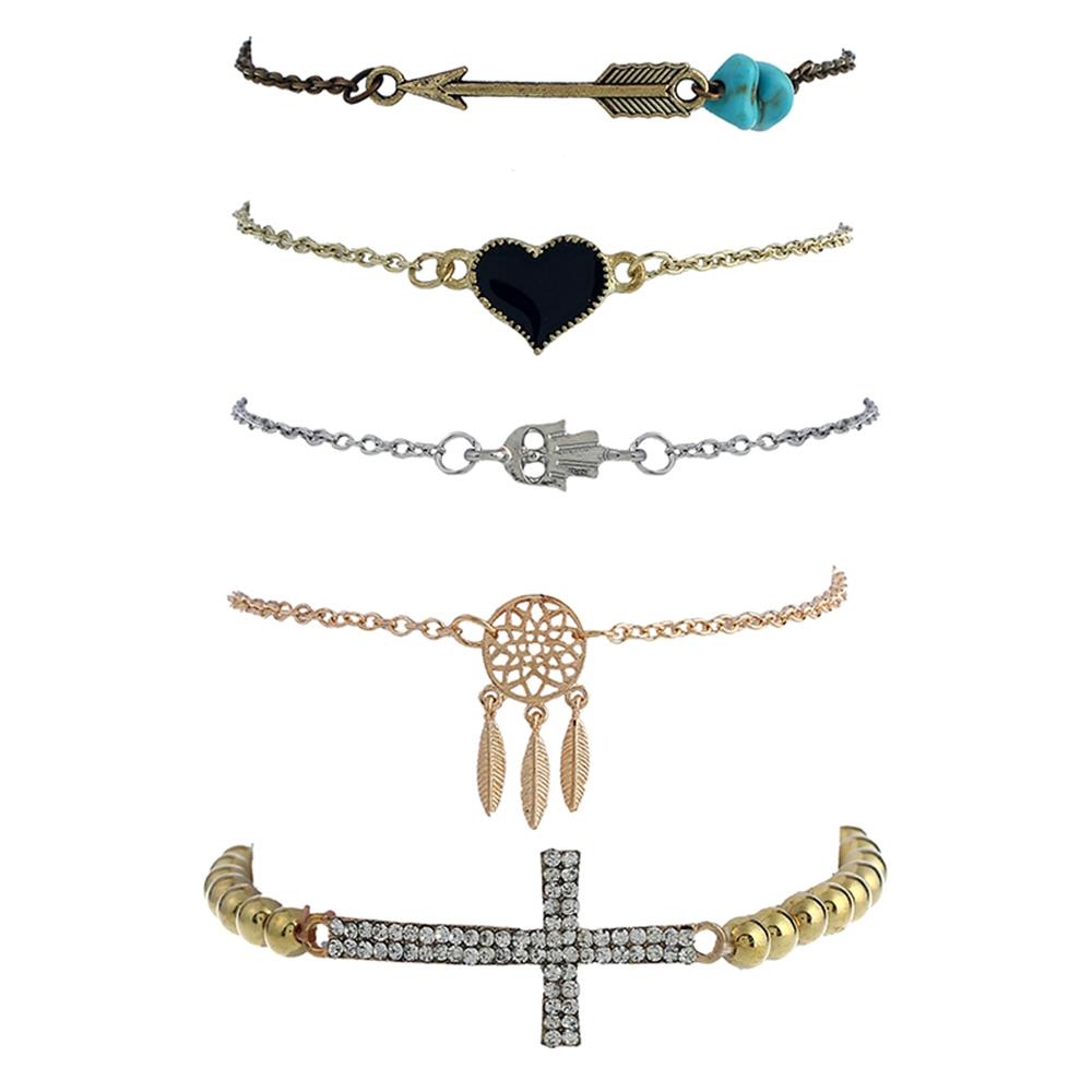 Women's Fashion Beautiful Stylish Jewelry Alloy Diamond Dream Catcher Cross Heart Shape Bracelets - Gold