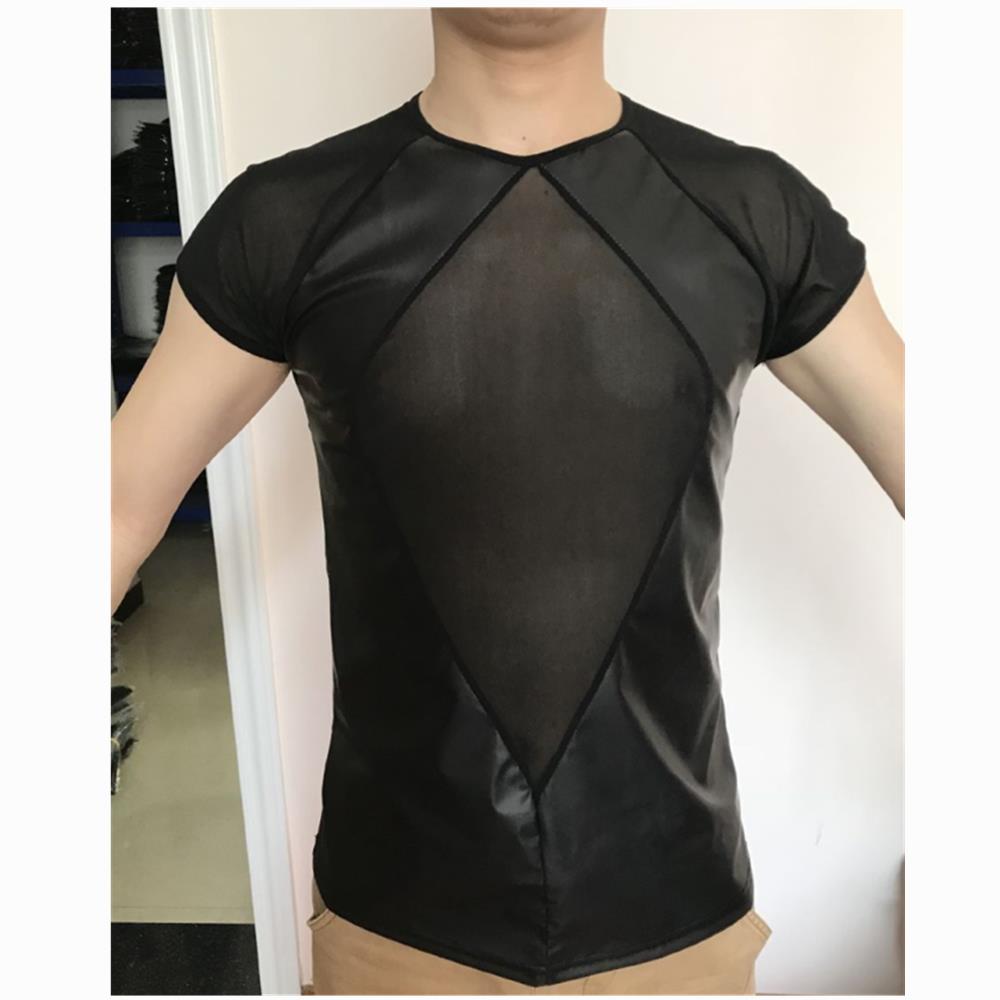 Men's Fashion Sexy Matte PU T-Shirt Nightclub Stage Costume Size L - Black