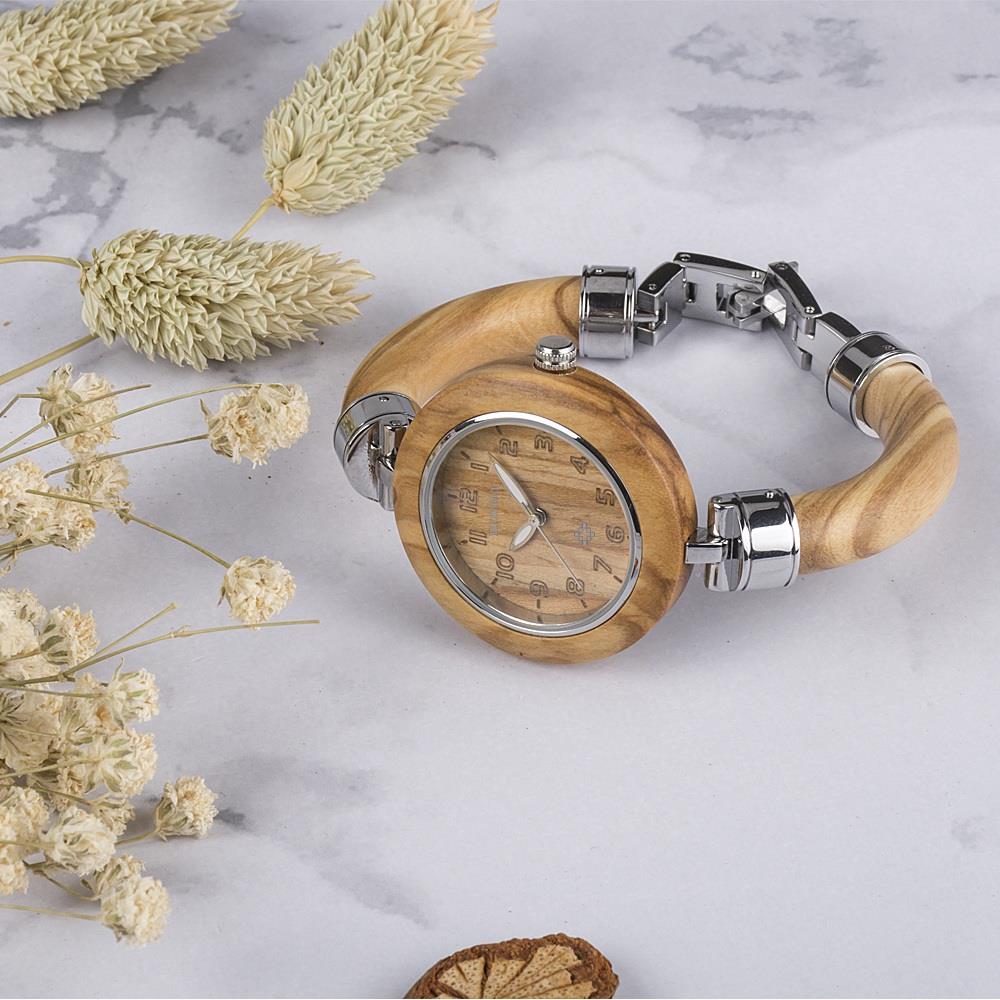 BEWELL Olive Wood Vintage Quartz Picture Color Watch Leather Band Dial Plate Wristwatch Women - Olive Wood