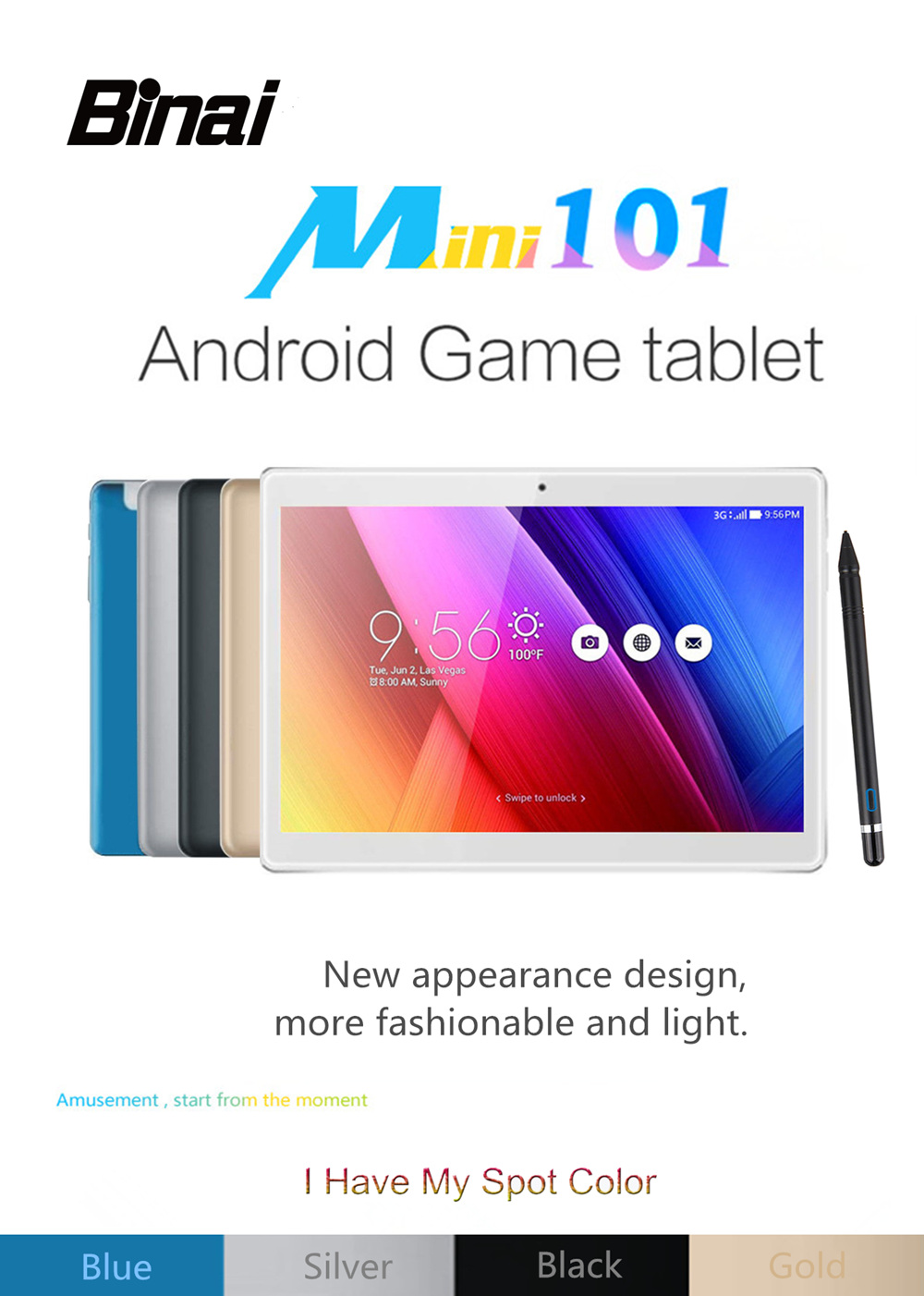 Binai Mini101 3G Phablet MTK6580 Deca Core 10.1" IPS Screen 1280*800 GPS 2GB DDR3 32GB eMMC Android 6.0 Dual SIM Dual Standby - Silver