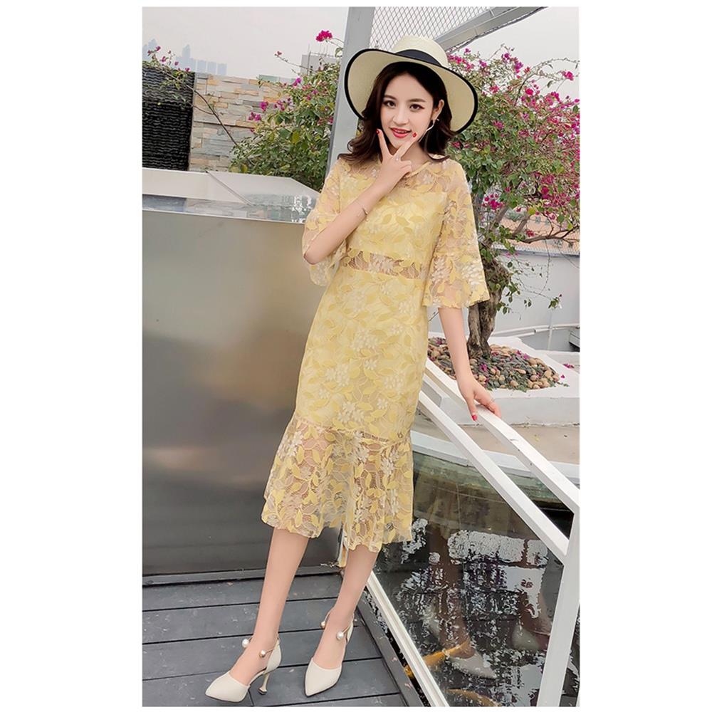 Women sexy Flare Sleeves Lace Sweet Bodycon Club Party Cocktail Dress Fishtail Skirt Size XL - Yellow