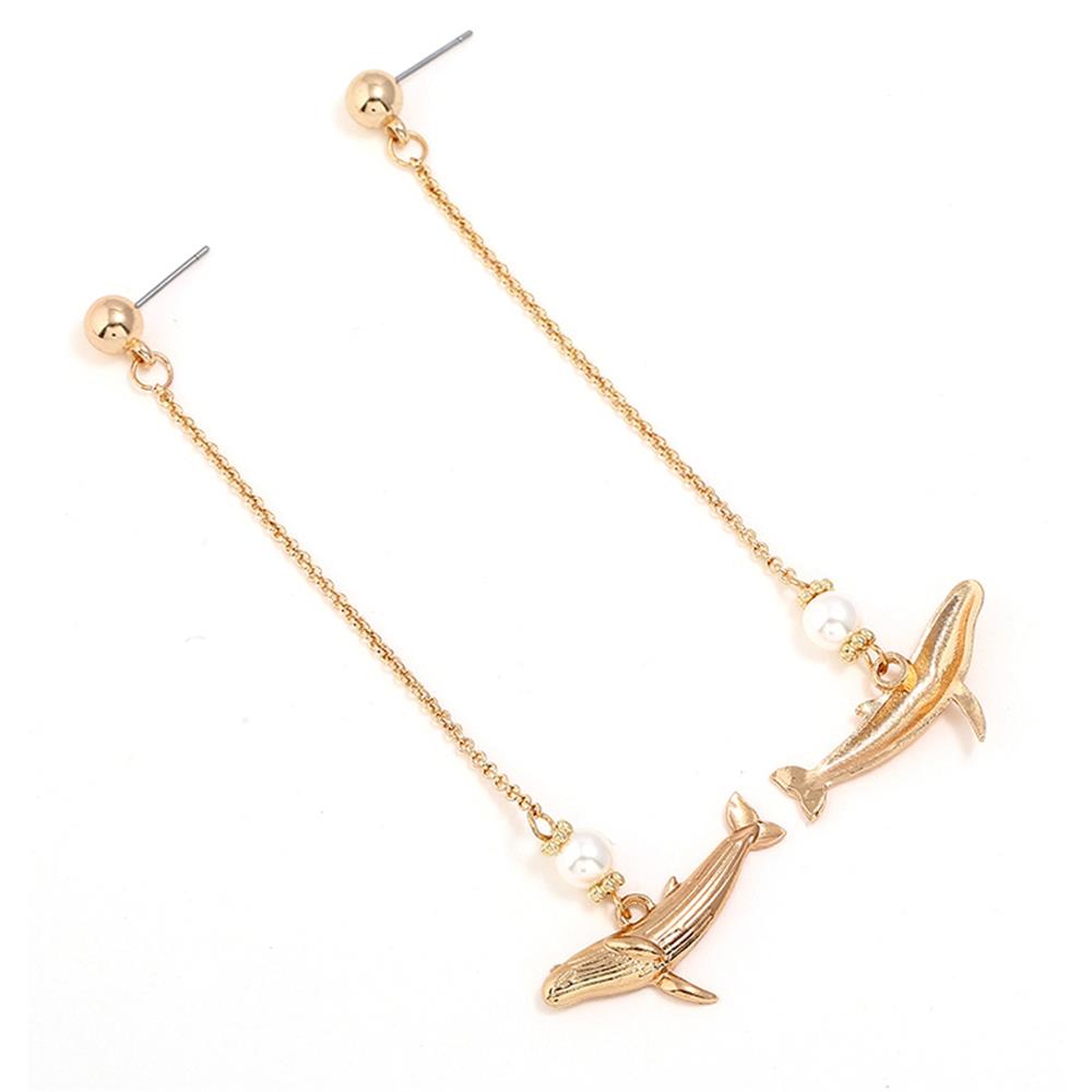 Women's Fashion Beautiful Stylish Jewelry Earrings Simple Long Thin Chain Pearl Dolphin Pendant Earrings Set - Gold