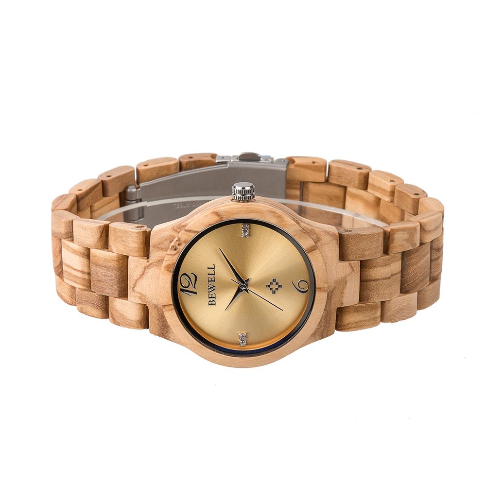 BEWELL Olive Wood Vintage Quartz Watch Leather Band Dial Plate Wristwatch Women - Yellow