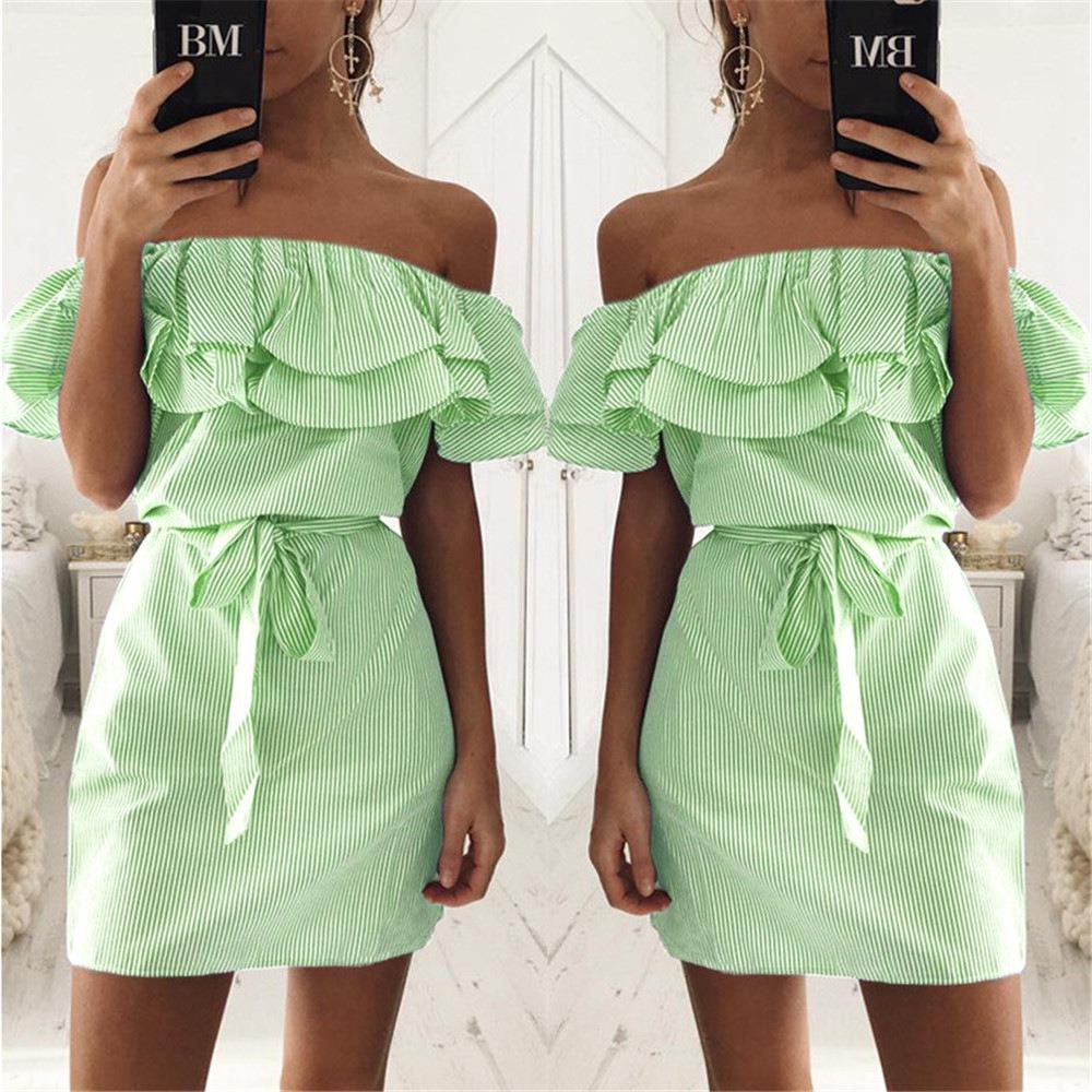 Women's Fashion Summer Sexy Off Shoulder Ruffle Stripe Printed Dress Size XXL - Green