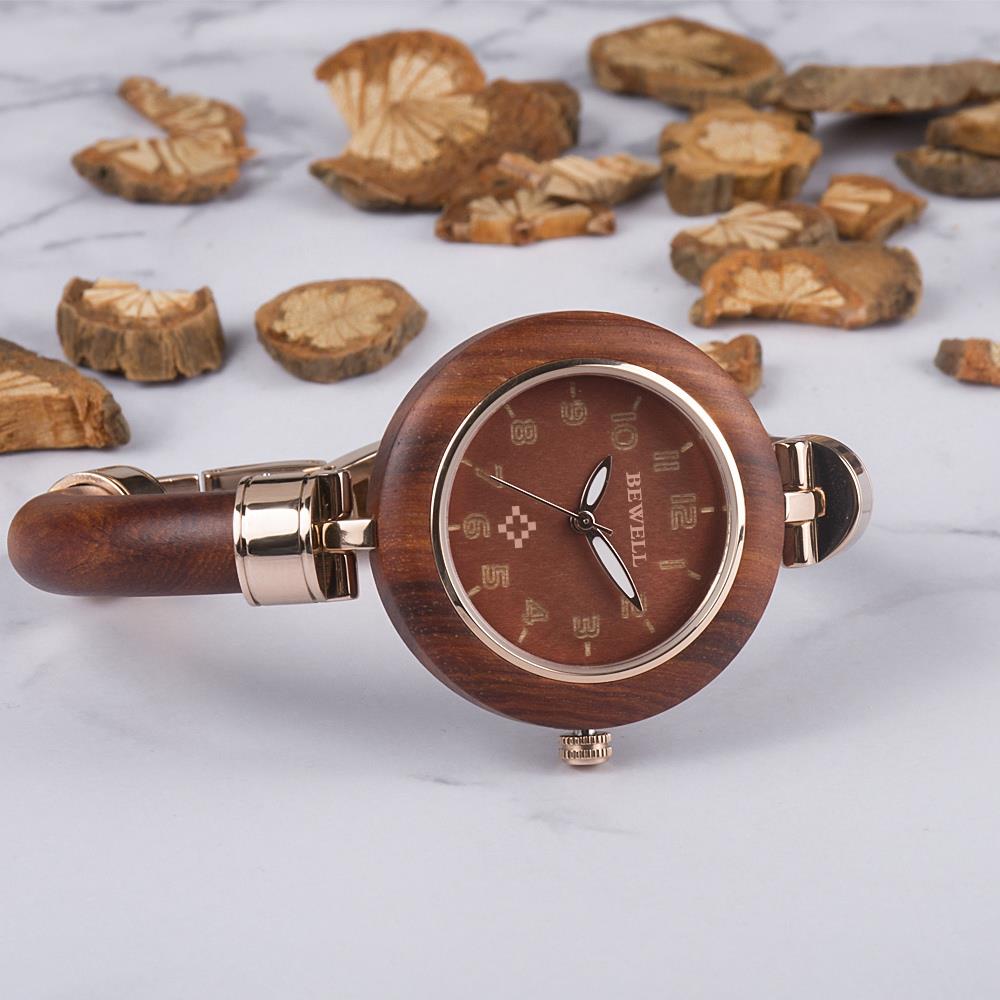 BEWELL Red Sandalwood Vintage Quartz Picture Color Watch Leather Band Dial Plate Wristwatch Women - Red Sandalwood