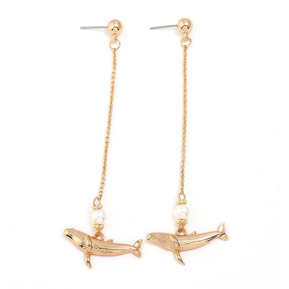 Women's Fashion Beautiful Stylish Jewelry Earrings Simple Long Thin Chain Pearl Dolphin Pendant Earrings Set - Gold