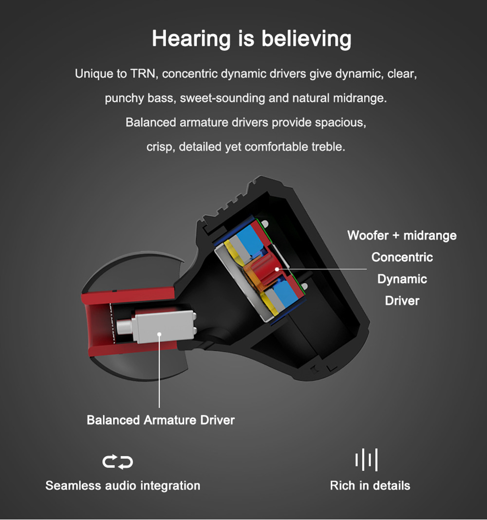 TRN V20 In-ear DD+BA Hybrid HIFI 2Pin Earphone with Microphone Line Control - Red