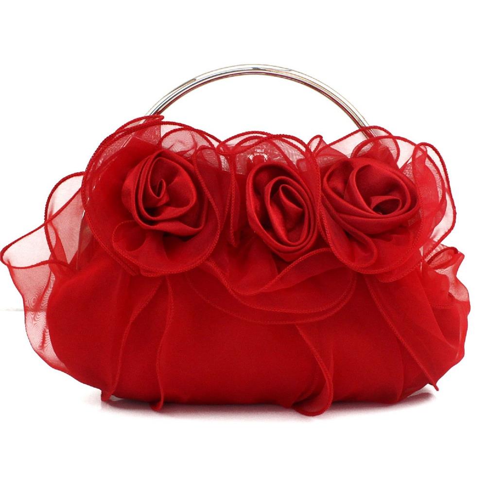 Womens Satin Lace Clutch Bag Evening Bridal Bag Wedding Fashion Prom Handbag M53T - Red