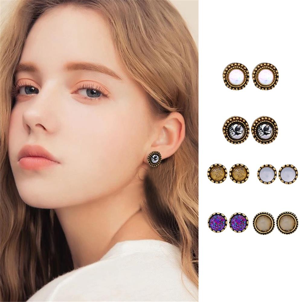 Women's Fashion Beautiful Stylish Jewelry Earrings Retro Minimalist Studded Opal Earrings Set - Gold